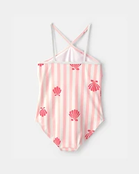 Girls 1-Piece Shell Striped Swimsuit - Pink