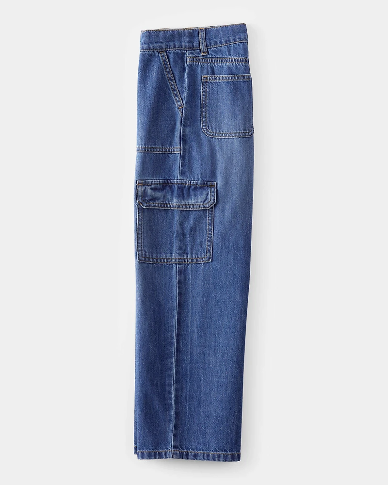 Kid High Rise Cargo Denim Jeans - Blue Wash