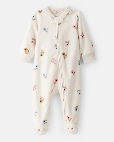 Baby Girl Floral Print Loose Fit Long-Sleeve 2-Way Zip Sleep & Play Pajamas - Cream