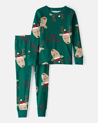 Toddler Reindeer 100% Cotton Snug Fit 2-Piece Pajamas - Green