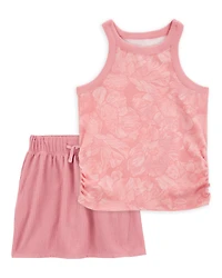 Kid 2-Piece Floral Ribbed Tank Top & Textured Drawstring Skort Set - Pink