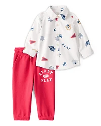 Toddler Boy 2-Piece Varsity Bear Shirt & French Terry Joggers Set - Ivory/Red