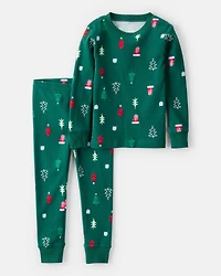 Toddler Christmas 100% Cotton Snug Fit 4-Piece Pajamas - Green/White