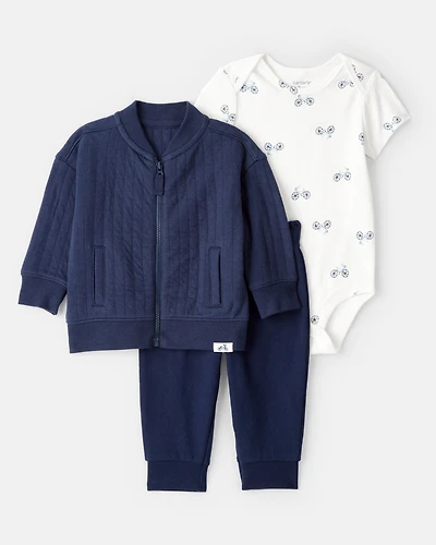 Baby Boy 3-Piece Bicycle Quilted Jacket Outfit Set - Navy