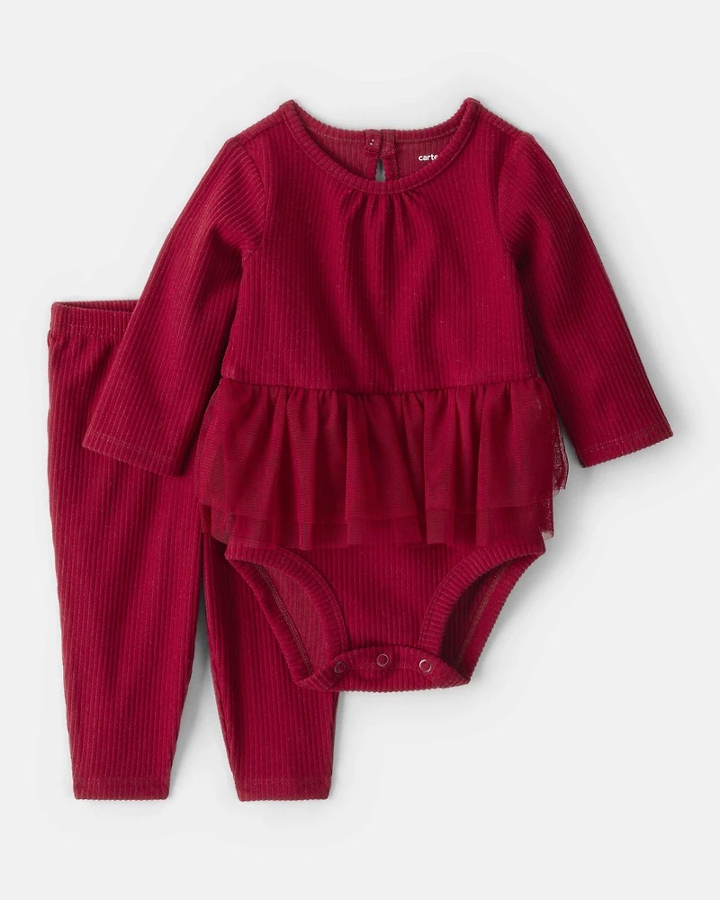Baby Girl 2-Piece Peplum Tulle Bodysuit & Pant Set - Red