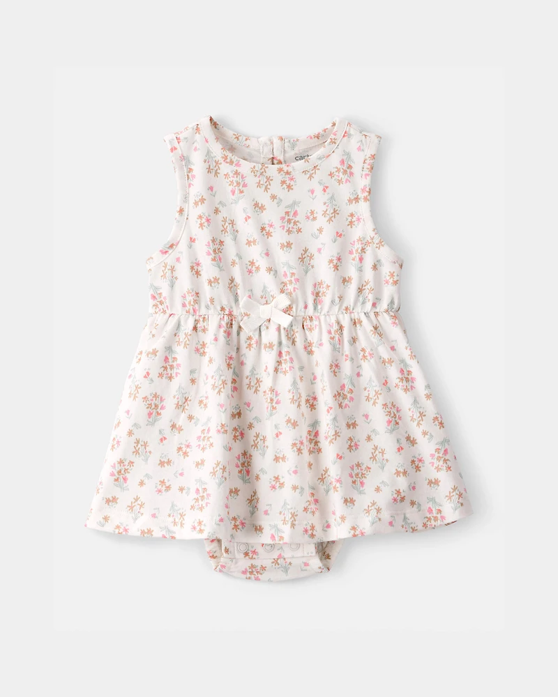 Baby Girl Floral Sleeveless Bodysuit Dress - Ivory