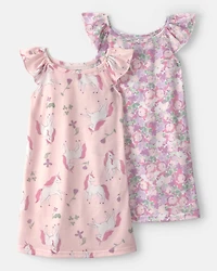 Girls 2-Pack Unicorn Floral Loose Fit Night Gown - Pink