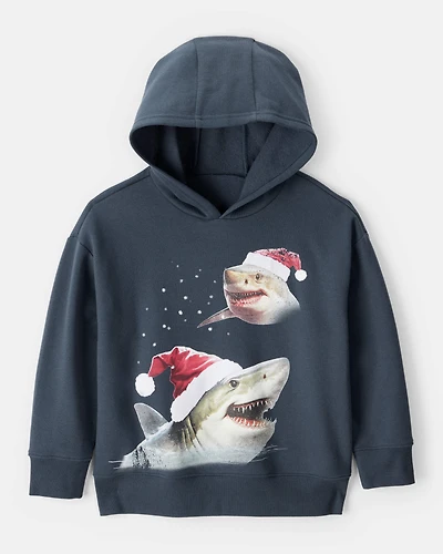 Boys Christmas Santa Shark Long-Sleeve Fleece Hoodie - Navy
