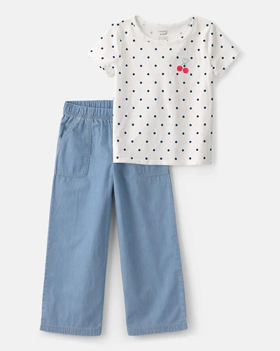 Girls 2-Piece Cherry Polka Dots Tee & Pant Set - Blue/Ivory