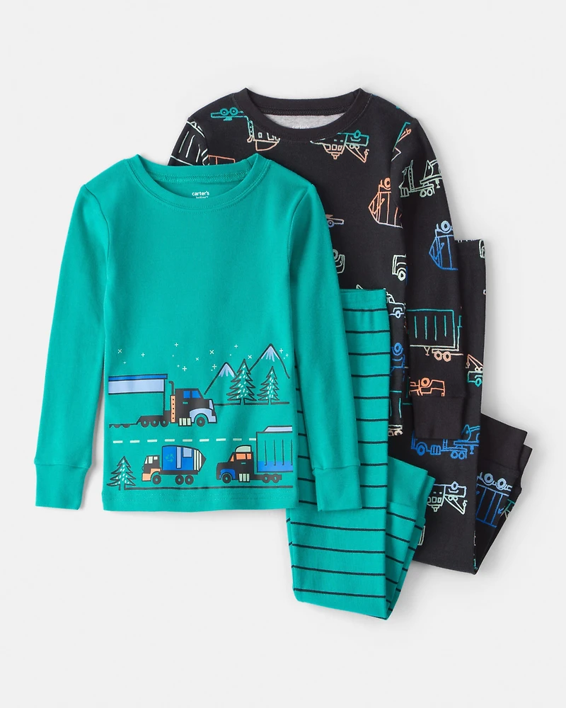 Toddler Boy Truck 100% Cotton Loose Fit 4-Piece Pajamas - Green