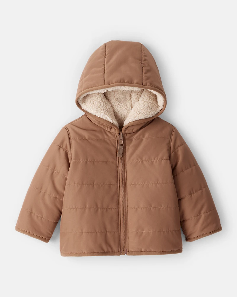 Baby Boy Reversible Sherpa Hooded Midweight Jacket - Brown