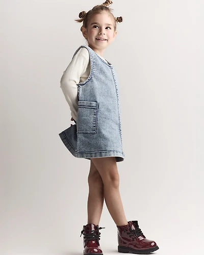 Toddler Girl Otter Pocket Denim Jumper in Avenue Wash - Blue