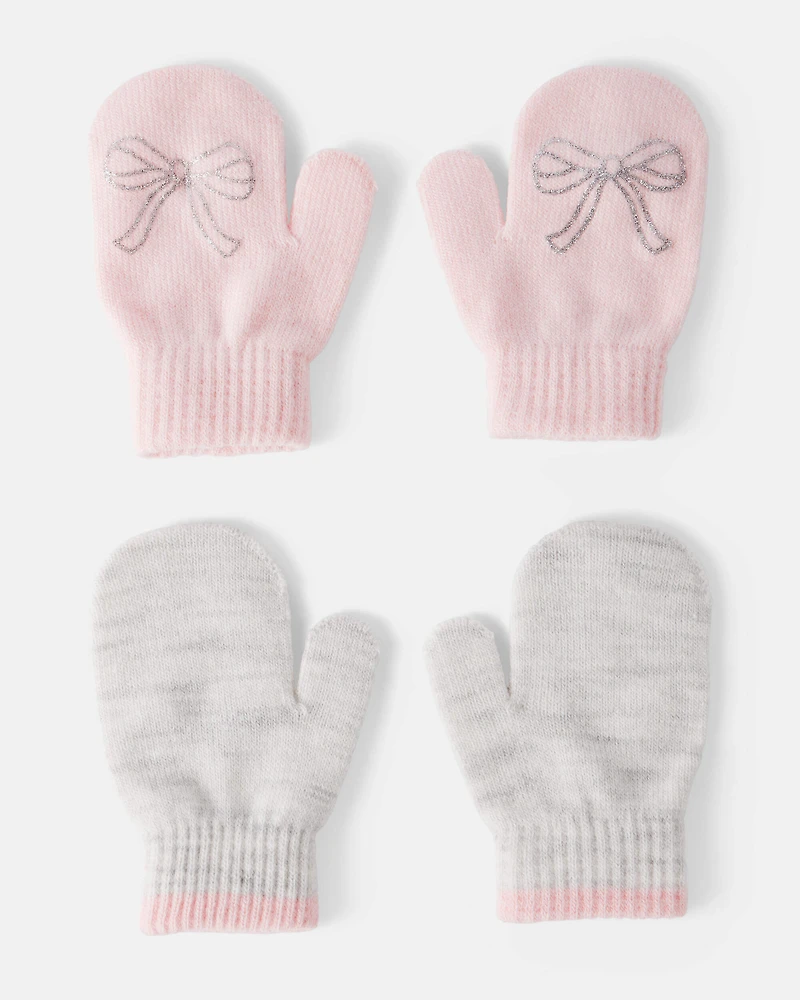 Toddler Girl 2-Pack Bow Winter Mittens - Pink/Grey