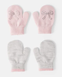 Toddler Girl 2-Pack Bow Winter Mittens - Pink/Grey