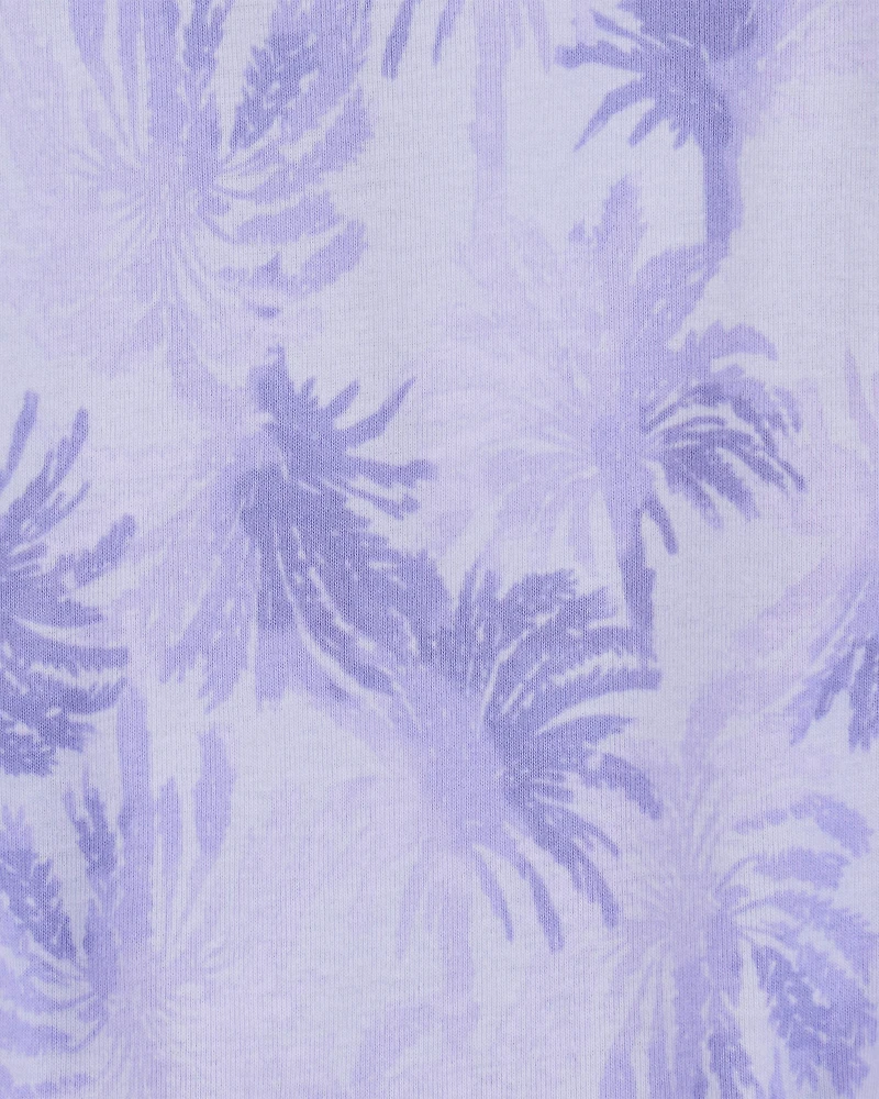 Kid 2-Piece Tropical Print Ribbed Tank Top & Active Drawstring Skort Set - Purple