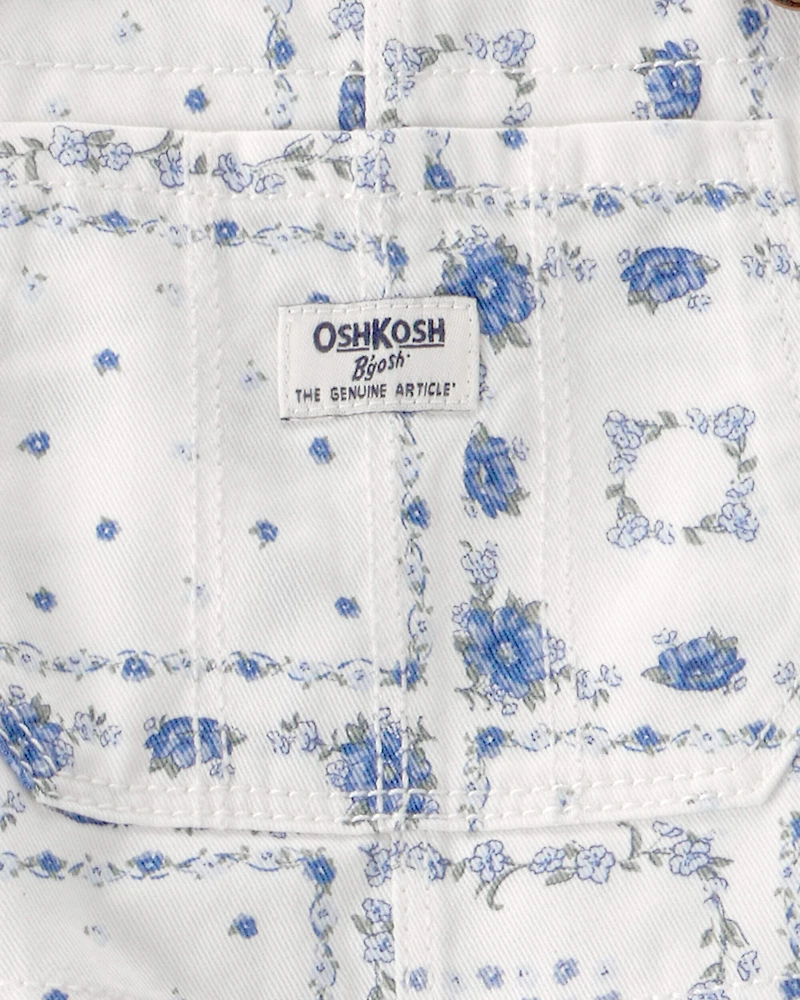Toddler Girl Bandana Floral Overalls - Blue/Ivory