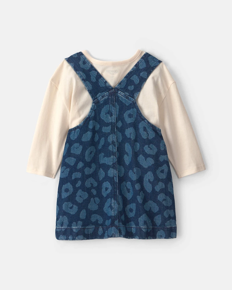 Baby Girl 2-Piece Leopard Denim Long-Sleeve Overall Set - Dark Wash