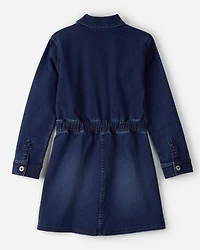 Girls Dark Wash Denim Long-Sleeve Dress - Blue