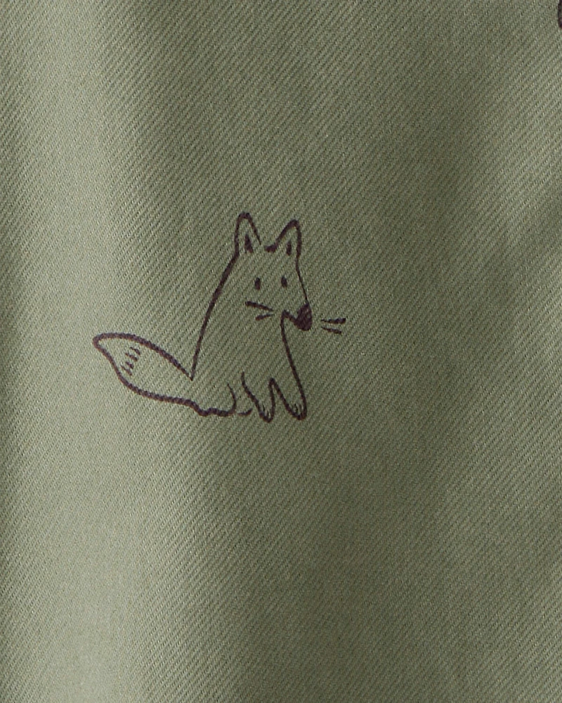 Baby Boy Racoon Print Cotton Long-Sleeve Hooded Button-Down Shirt - Green