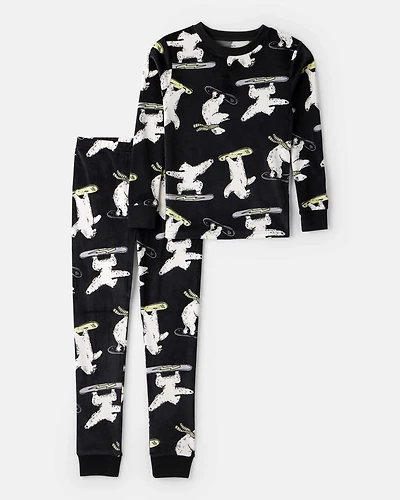 Boys Polar Bear Print DreamPlush Long-Sleeve Snug Fit 2-Piece Pajamas - Black
