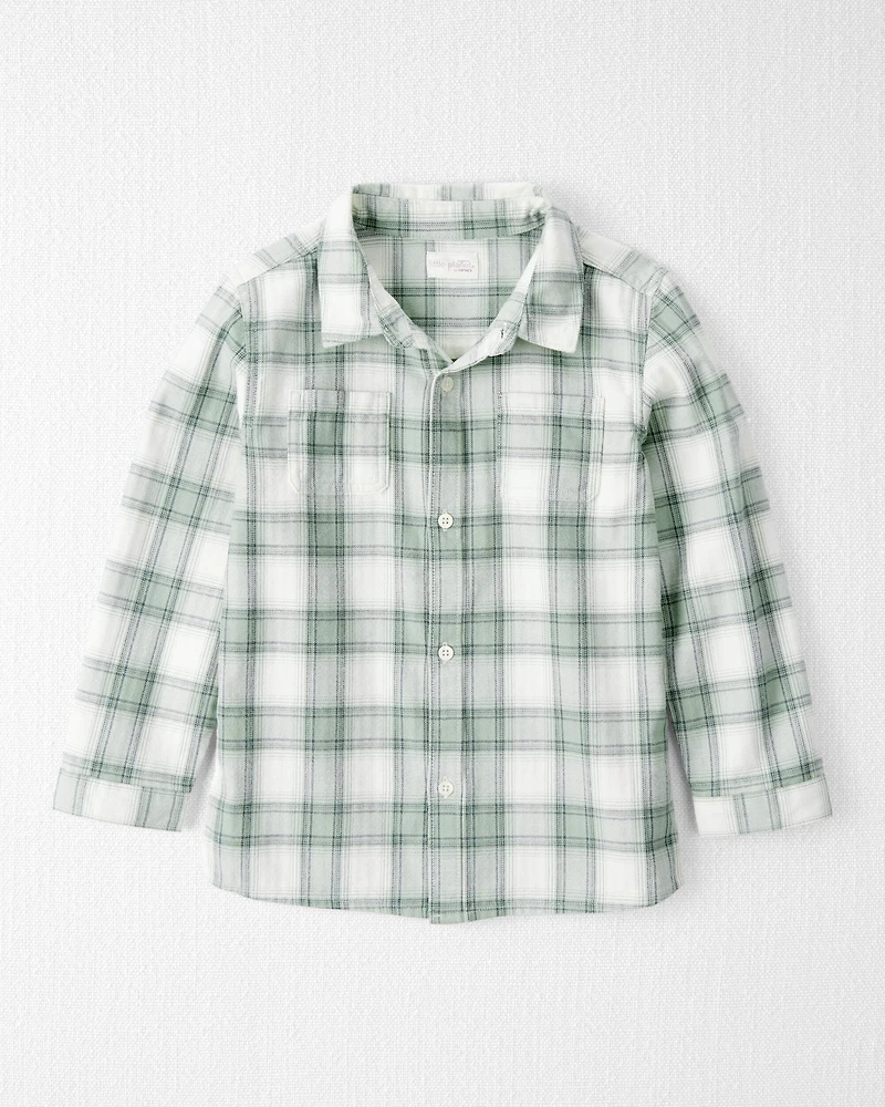 Kid Organic Cotton Herringbone Button-Front Shirt in Plaid