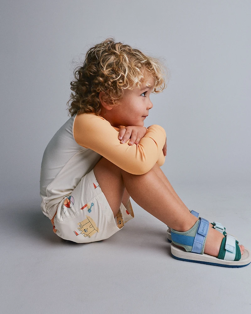Toddler Boy Swim Trunks in Sandcastle Print - Cream