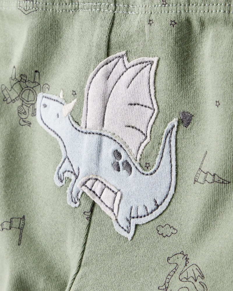 Baby Boy Dragon Print Cotton Long-Sleeve Bodysuit & Pant Set - Green/White