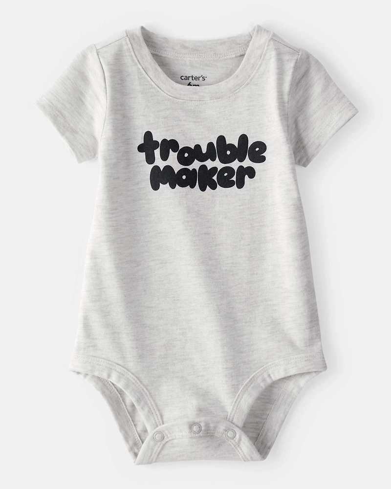 Baby Boy 'Trouble Maker' Short-Sleeve Graphic Bodysuit - Grey