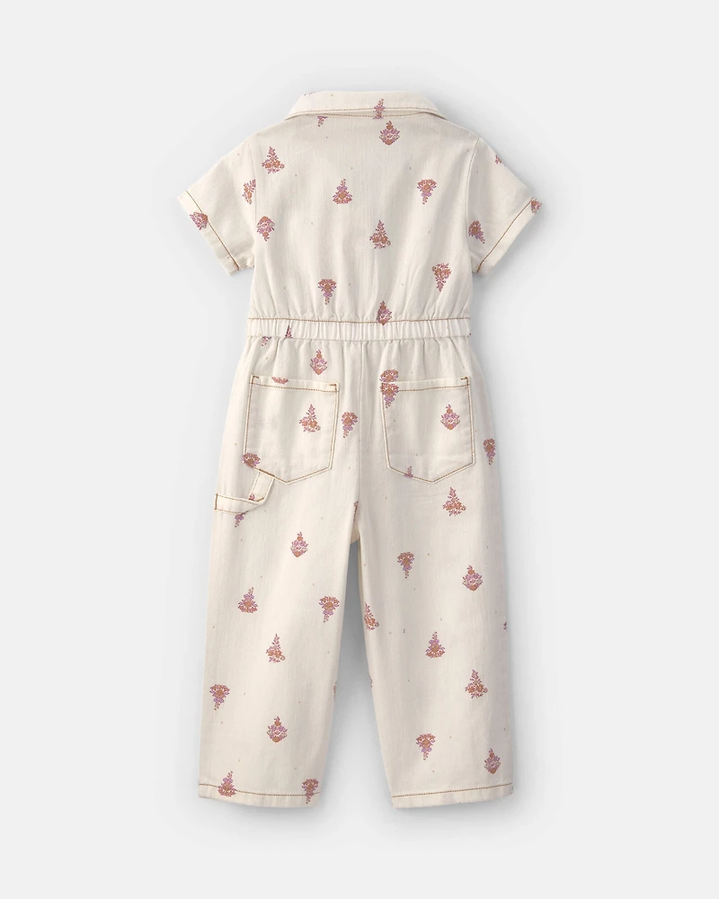 Toddler Girl Floral Short-Sleeve Twill Jumpsuit - Cream