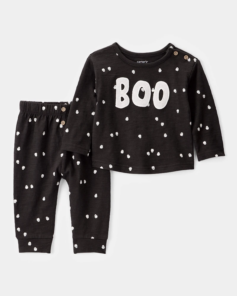 Baby 2-Piece Ghost Print Halloween Outfit Set - Black
