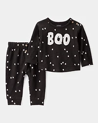 Baby 2-Piece Ghost Print Halloween Outfit Set - Black
