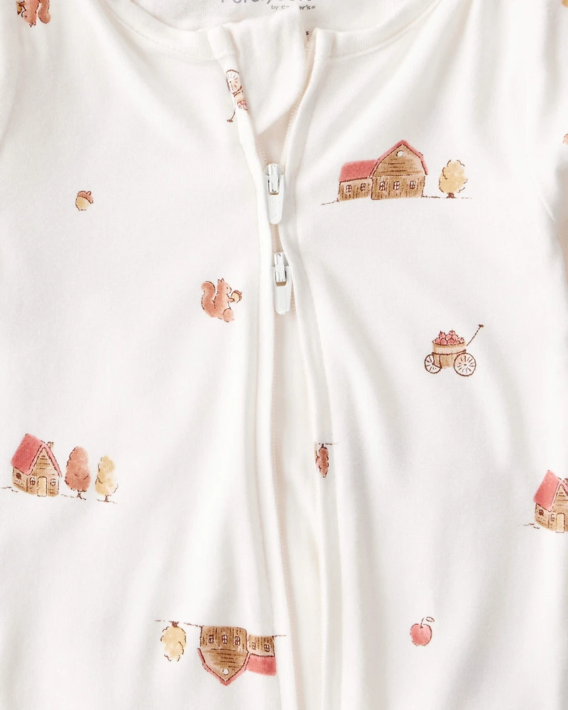 Baby Barn Print PurelySoft Long-Sleeve 2-Way Zip Sleep & Play Pajamas - White