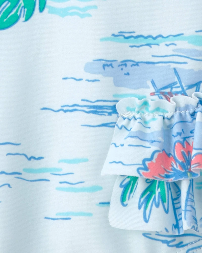 Baby Girl Tropical Beach Long-Sleeve Rashguard Swimsuit - Blue