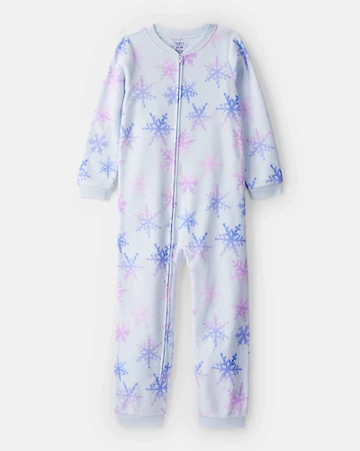 Girls Snowflake Fleece Long-Sleeve Loose Fit 1-Piece Pajamas - Blue