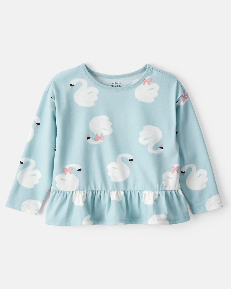 Toddler Girl Swan Print Long-Sleeve Peplum Top - Blue