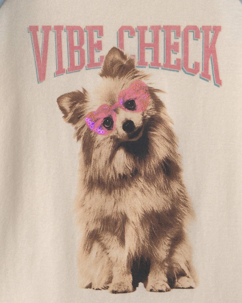 Girls 'Vibe Check' Dog Graphic Tee - Cream/Blue