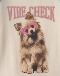 Girls 'Vibe Check' Dog Graphic Tee - Cream/Blue