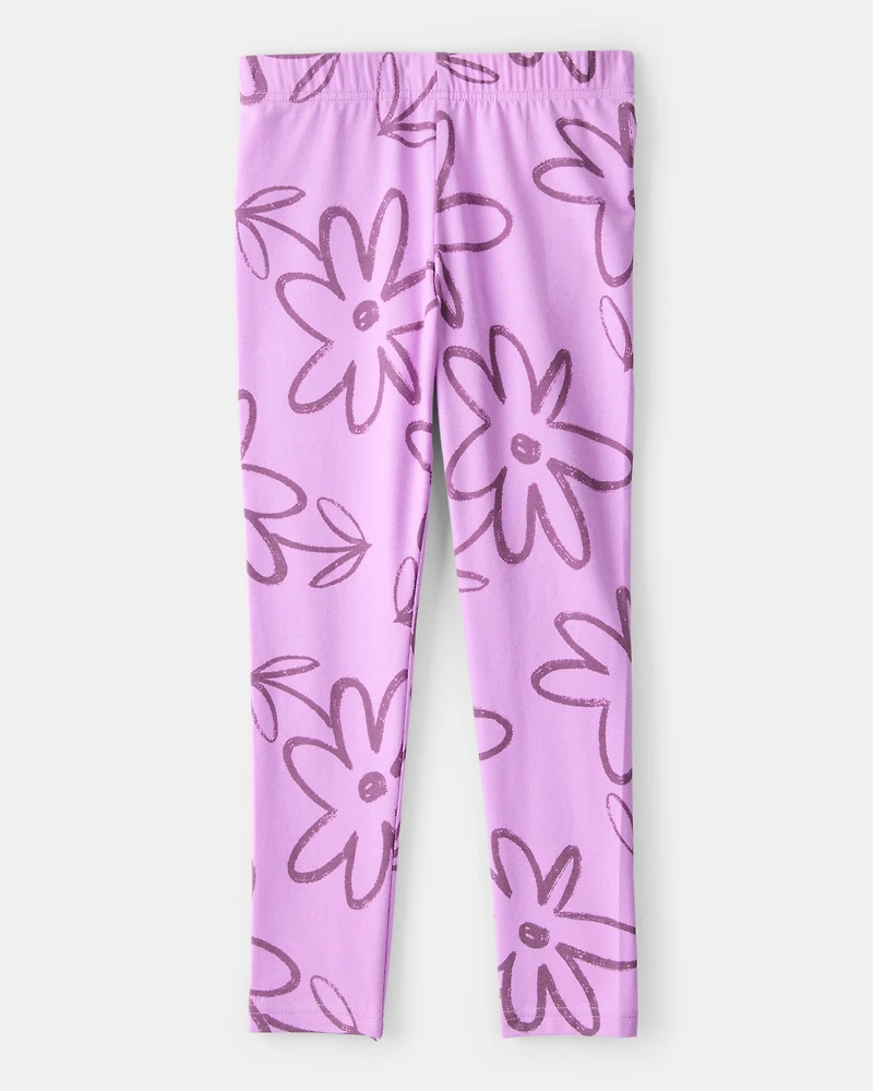 Girls Floral Pull-On Stretch Leggings - Purple