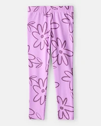 Girls Floral Pull-On Stretch Leggings - Purple