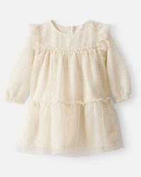 Baby Girl Sparkle Polka Dot Tulle Long-Sleeve Dress - Ivory