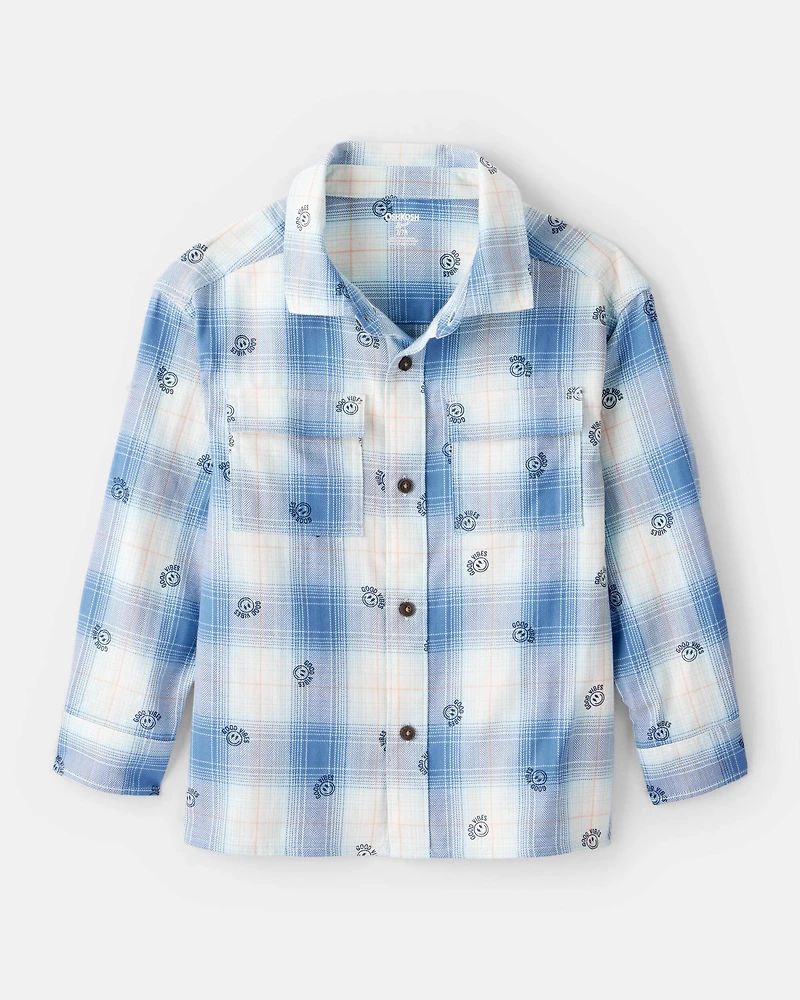 Boys Good Vibes Smiley Print Button-Down Shirt - Plaid