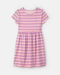 Girls Striped Short-Sleeve Dress - Pink