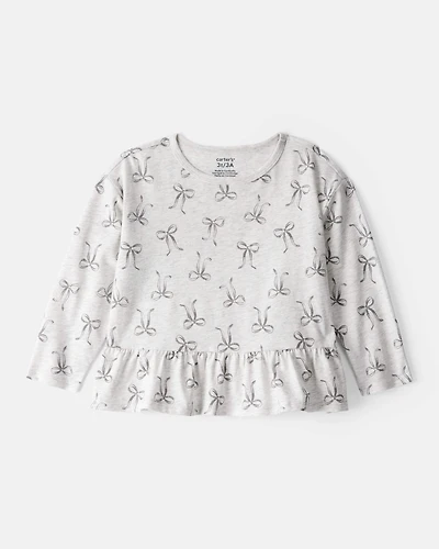 Toddler Girl Bow Print Long-Sleeve Peplum Top