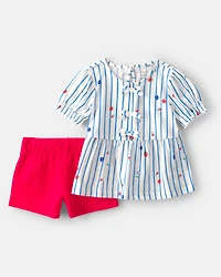 Toddler Girl 2-Piece Strawberry Top & Short Set - Blue/Red