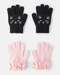 Girls 2-Pack Cat Winter Gloves - Black/Pink