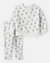 Baby Girl Bow Print Long-Sleeve Tee & Pant Set - Grey