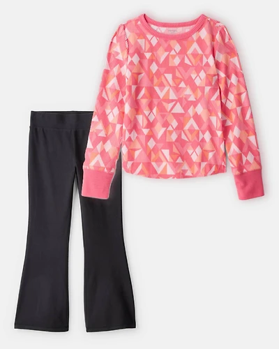 Girls 2-Piece Active Rib Top & Flare Pants Set - Coral/Black