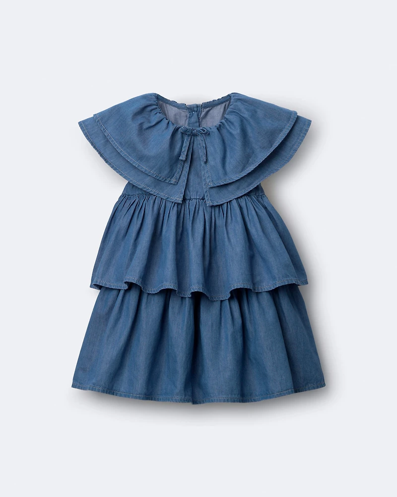 Toddler Girl Ruffle Tiered Dress in Chambray - Blue