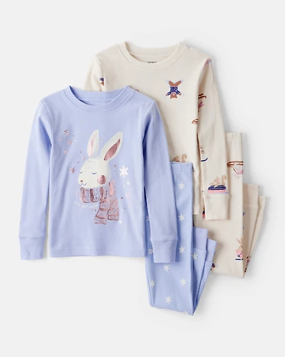 Baby Girl Bunny Winter Print 100% Cotton Long-Sleeve Snug Fit 4-Piece Pajamas - Blue/White