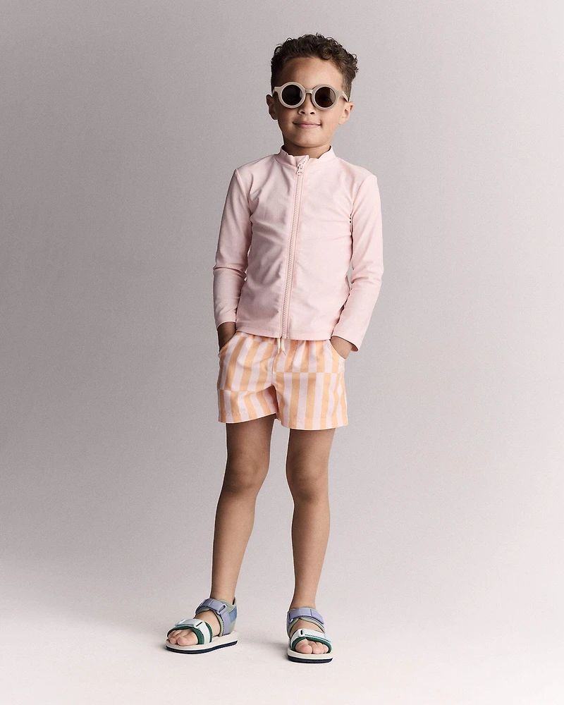 Toddler Boy Off-Center Stripe Swim Trunk - Light Pink/Orange